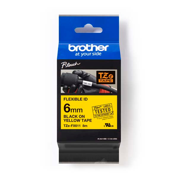 Brother TZ-FX611 - 6mm Black on Yellow Flexi Tape - Labelzone