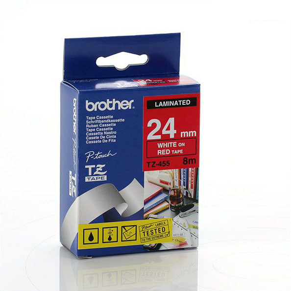 Brother TZe-455 24mm White on Red Laminated Tape from Labelzone