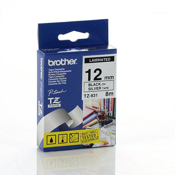 Brother TZ-931 - 12mm Black on Silver Metallic Laminated - Labelzone