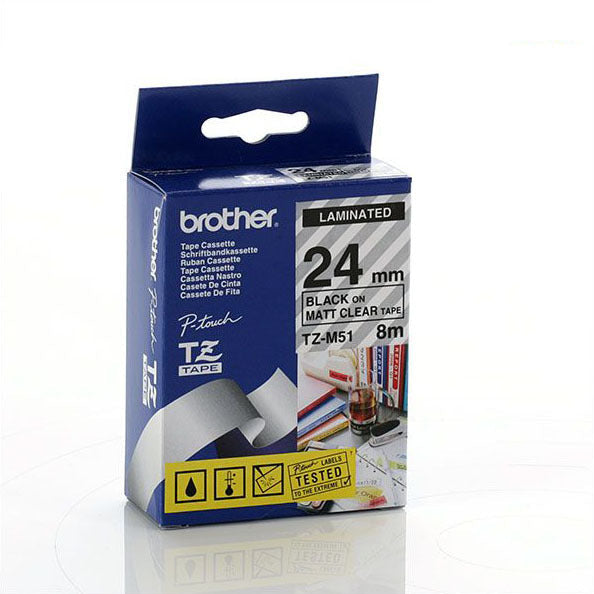 Brother TZ-M51 - 24mm Black on Clear MATT Laminated Tape - Labelzone