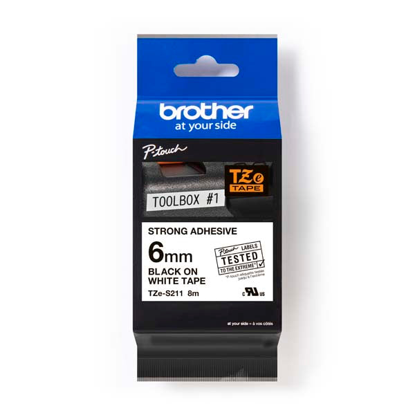 Brother TZ-S211 - 6mm Black on White Extra Strong Adhesive Tape - Labelzone