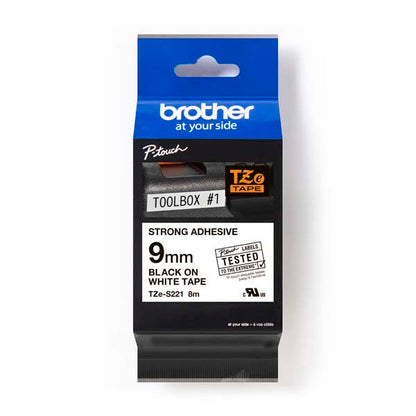 Brother TZ-S221 - 9mm Black on White Extra Strong Adhesive Tape - Labelzone