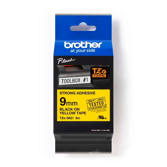 Brother TZ-S621 - 9mm Black on Yellow Extra Strong Adhesive Tape - Labelzone