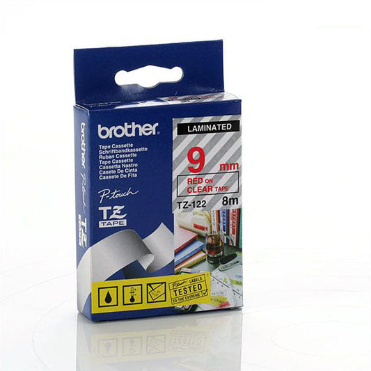 Brother TZ-122 - 9mm Red on Clear Laminated Tape - Labelzone