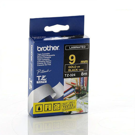 Brother TZ-324 - 9mm Gold on Black Laminated Tape - Labelzone