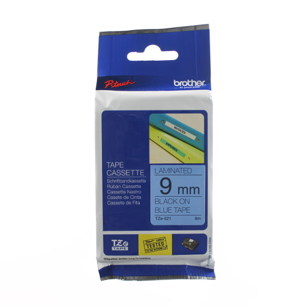 Brother TZ-521 - 9mm Black on Blue Laminated Tape - Labelzone