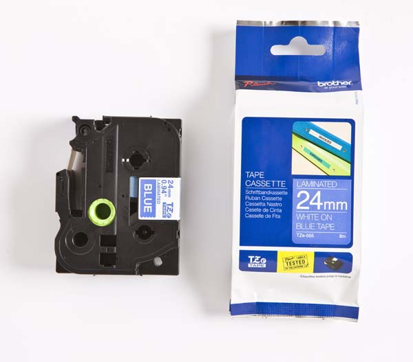 Brother TZ-555 - 24mm White on Blue Laminated Tape - Labelzone