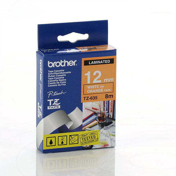 Brother TZ-635 - 12mm White on Orange Laminated Tape - Labelzone