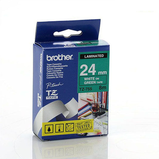 Brother TZ-755 - 24mm White on Green Laminated Tape - Labelzone