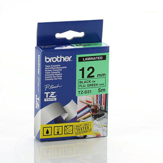 Brother TZ-D31 - 12mm Black on Green Fluorescent Laminated - Labelzone