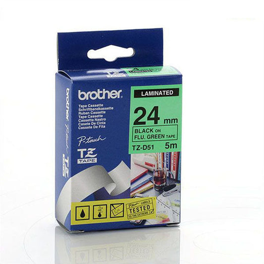 Brother TZ-D51 - 24mm Black on Green Fluorescent Laminated - Labelzone