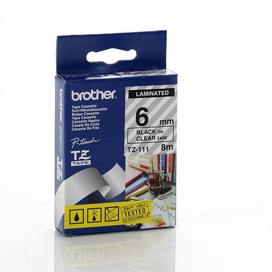 Brother TZ-S111 - 6mm Black on Clear Extra Strong Adhesive Tape - Labelzone