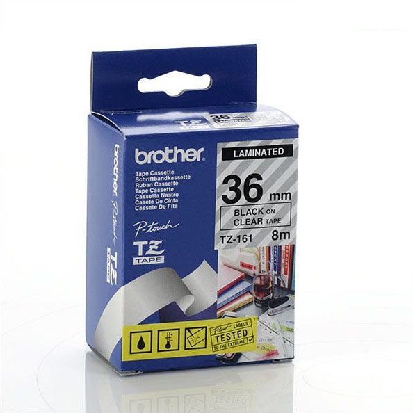 Brother TZ-S161 - 36mm Black on Clear Extra Strong Adhesive Tape - Labelzone