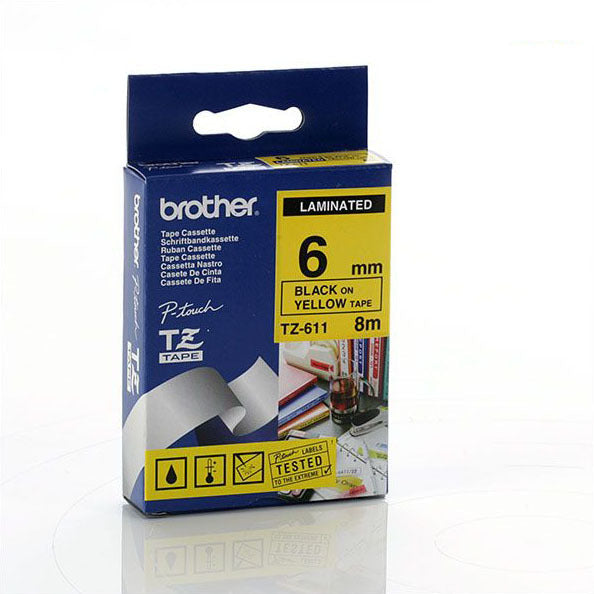 Brother TZ-S611 - 6mm Black on Yellow Extra Strong Adhesive Tape - Labelzone