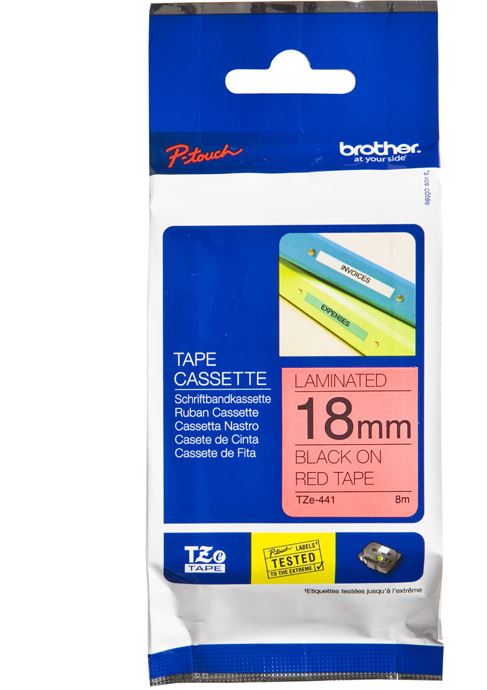 Brother TZe-441 - 18mm Black on Red Laminated Tape